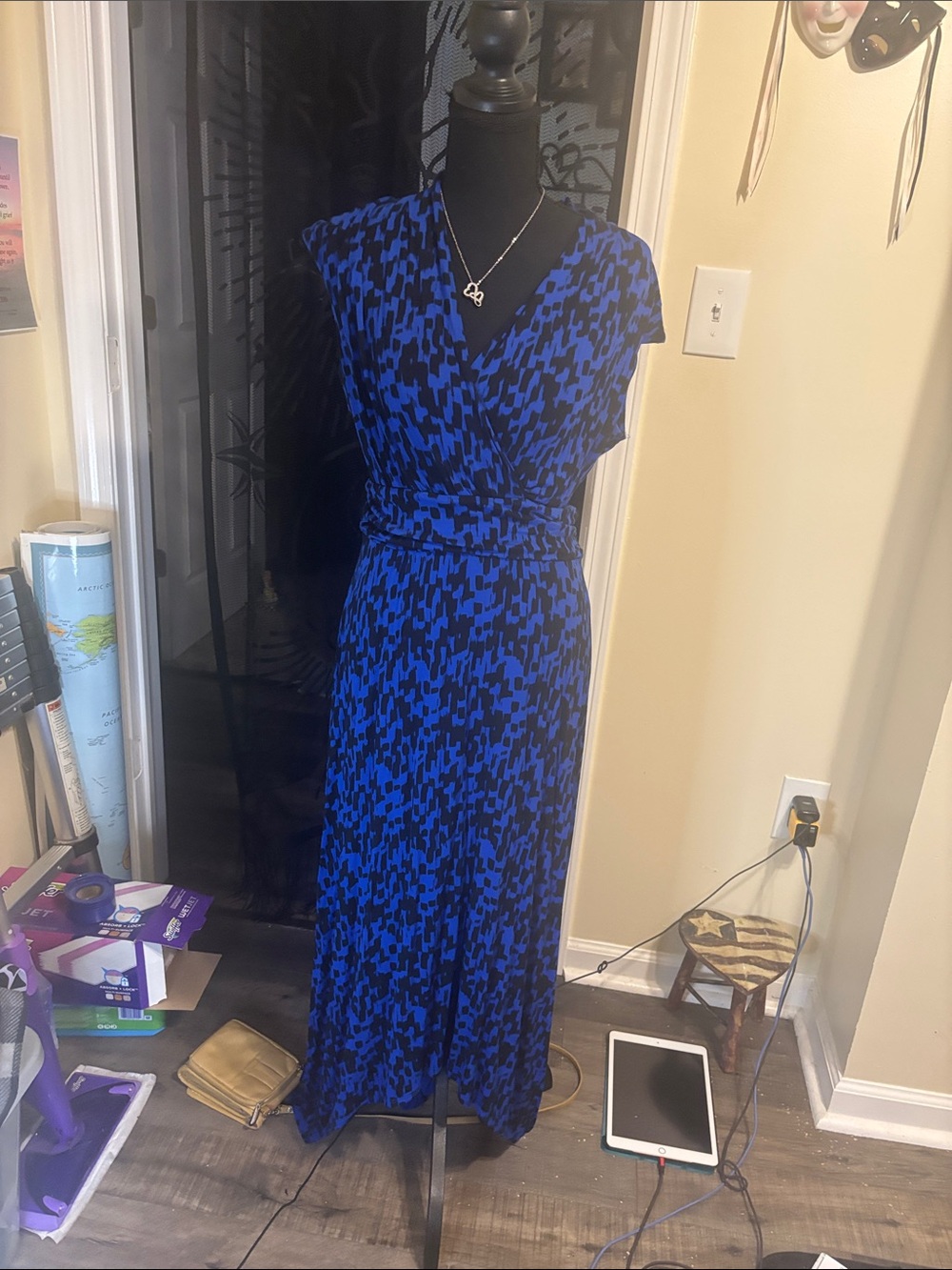 Blue Printed Wrap-Style Maxi Dress